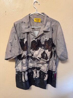 Reverse Gray and Black Graphic Camp Shirt with Vintage Trio Print